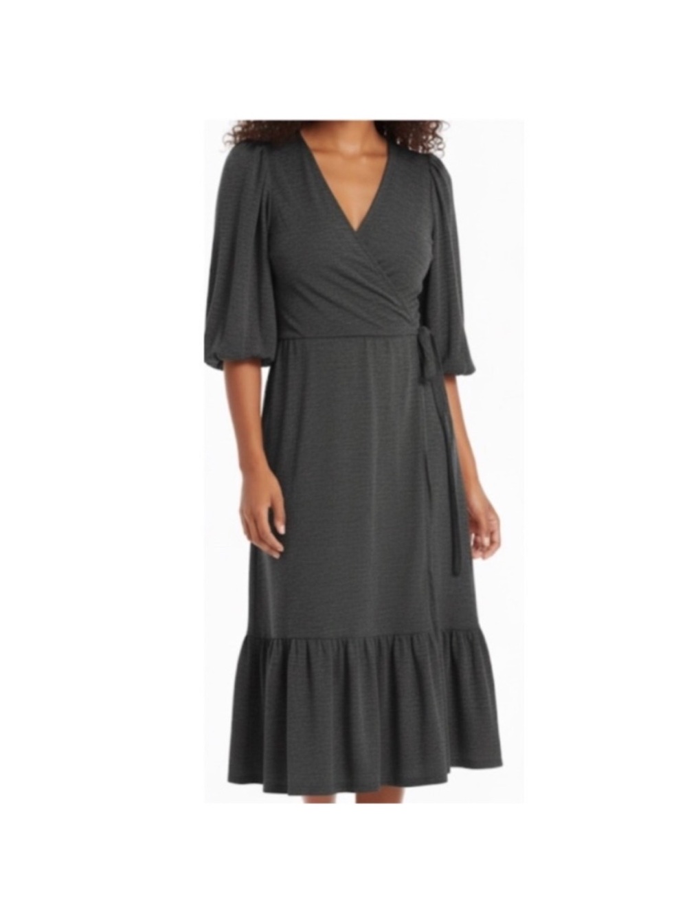 Max Studio Midi Dress Size Large Ruffle Dark Grey Balloon Sleeve Textured Knit